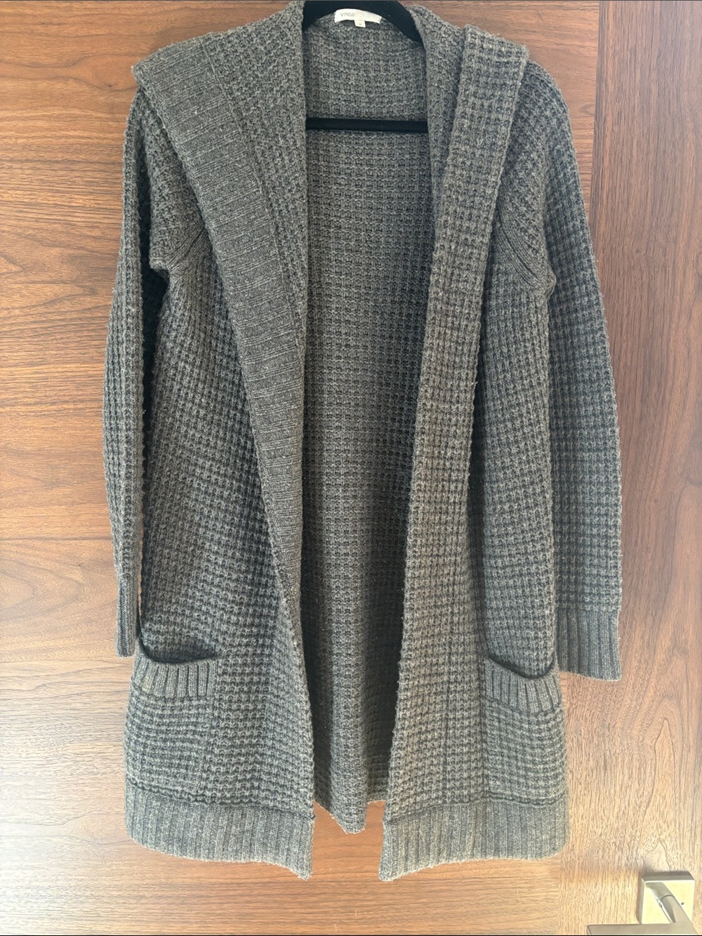 Vince Dark Gray Hooded Waffle-Knit Open Cardigan